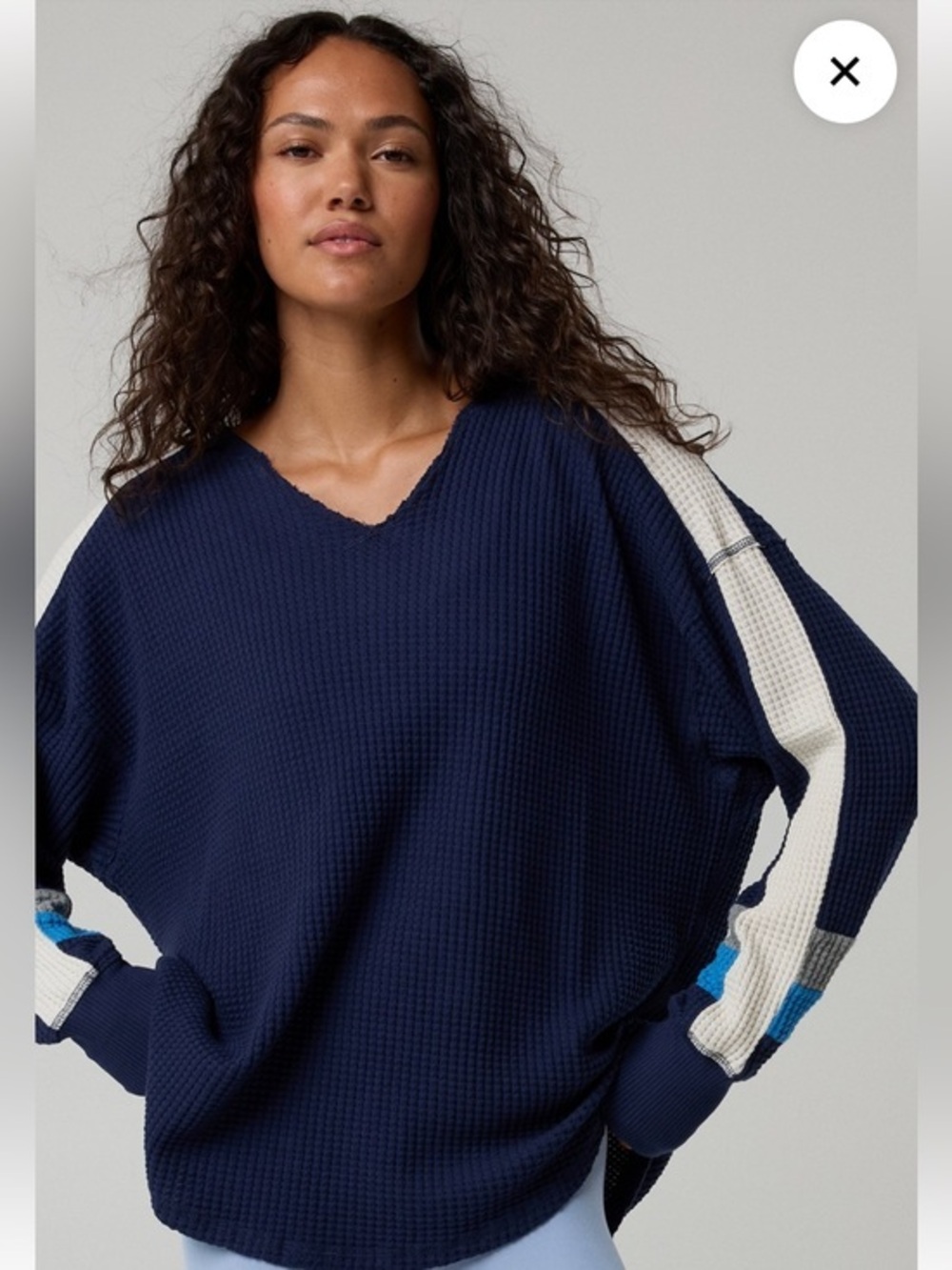 NWOT Aerie Offline Navy V-Neck Waffle Knit Sweater with Contrast Sleeve Stripes